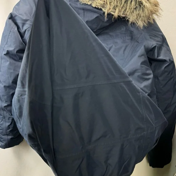 North Face Down Parka Fur Hood Navy Blue Women’s Large Long Coat Goosedown - Picture 9 of 10